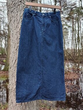 Long Dark Wash Denim Midi Skirt 100% Cotton Back Slit Straight Blue Jean Sz 6